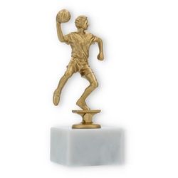 Pokal Kunststofffigur Handballspieler goldmetallic auf weißem Marmorsockel 16,8cm