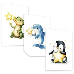 Muralo Poster SET für Kinderzimmer Tiere Sterne Krokodil Delfin Pinguin A4 21x30cm , Grün, Gelb, Weiß, Grau, Schwarz , Papier , Tiere, Märchen/ Fantasie , Rechteckig , 21x30x1 cm , Bilder & Rahmen, Bilder, Sonstige Wandbilder