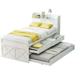 Okwish Einzelbett 90/190 cm Holz mit ausziehbarer Schublade und USB-Anschluss , Weiß , 90x200 cm , Babymöbel & Kindermöbel, Kinderzimmer & Jugendzimmer, Kinderbetten