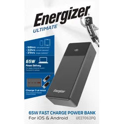 Energizer Akku Powerbank, 27.000mAh, UE27062PQ, schwarz Ultimate, 1x USB-A/Micro-B/2x USB-C PD, 65W, Retail