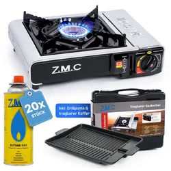 ZMC Gaskocher Edelstahl Gaskocher 1-flammig + Aufbewahrungskoffer + Gaskartuschen, (Butangas Campingkocher für Innenraum/Outdoor, Campinggaskocher 2,2 kW mit Piezozündung, Piezozündung), Kochfeld Gaskocher mit Kartusche, Gaskochfeld für Camping Campingkocher + Grillplatte + 20x Gas