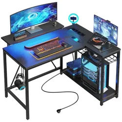 Bestier Gamingtisch Gaming-Schreibtisch L-Form mit LED, 106/133/147 × 50 cm Computertisch (Eckschreibtisch mit 2 USB-Ladeanschluss und 3 AC-Steckdosen, 1 Tisch), L Form Großer Tisch für Büro schwarz 106.6 cm x 91.5 cm x 50 cm