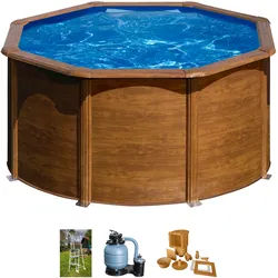 Rundpool »Pacific«, (Set), 4-tlg Stahlwandpool, ØxH: 260x122 cm, 98647703-0 Holzoptik