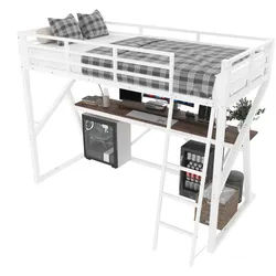 Okwish Hochbett 90/200 cm Weiß mit LED-Beleuchtung und Schreibtisch aus Eisenrahmen , Metall , 90x200 cm , Babymöbel & Kindermöbel, Kinderzimmer & Jugendzimmer, Kinderbetten, Hochbetten