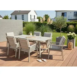 KONIFERA Garten-Essgruppe Edessa, (Set, 19-tlg., 6x Sessel, 6x Sitzauflagen, 6x Rückenauflagen,1x Tisch), bestehend aus 6 Sesseln mit Auflagen, 1 Tisch beige