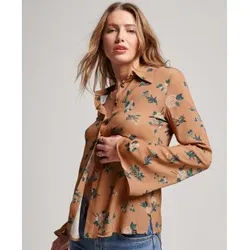 Superdry für Damen. W4010384A Studios siebziger Jahre braunes Hemd (S), Lässig, Viskose, Langarm