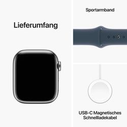 AppleWatch S9 Edelstahl Cellular 41mm Silber - Sportarmband sturmblau M/L