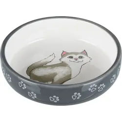 TRIXIE Napf, flach, Katze / Pfoten, Keramik, 0,3 l / Ø 15 cm, grau / weiß