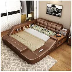 Xlmoebel Multimediabett Doppelbett mit USB-Ladestation und integriertem Regal aus Leder (1-tlg., Bett), Hergestellt in Europa braun
