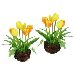 Kunstblume Gesteck Tulpe im Weidenest 2er Set 20cm Tulpe, I.GE.A., Höhe 20 cm, Kunstblume Blumen Frühjahrsdeko Osterdeko Seidenblume Zimmerpflanze gelb