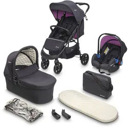 Kombi-Kinderwagen BABYGO "Style - 3in1, schwarz/lila" schwarz (schwarz, lila) Baby Kinderwagen Kombikinderwagen inkl. Babyschale mit Adaptern u. Wickeltasche