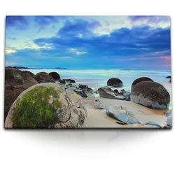 Sinus Art Leinwandbild 120x80cm Wandbild auf Leinwand Neuseeland Strand runde Felsen Steine S, (1 St)