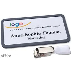 10 Namensschild mit Clip office 75 x 37 mm | anthrazit | Hängerclip, Kunststoff