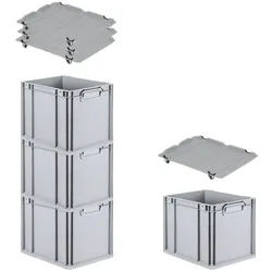 PROREGAL SuperSparSet 4x Eurobox NextGen Grip mit Auflagedeckel & 4 schwarzen Verschlüssen, HxBxT 32x30x40cm, 30L, Grau, Griffe zu, Eurobehälter