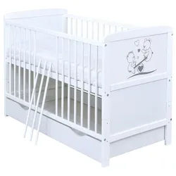 Baby-Delux Babybett Luna Teddy Wippe, Kinderbett Gitterbett 140x70 weiß mit Beißschienen Schublade, Matratze weiß