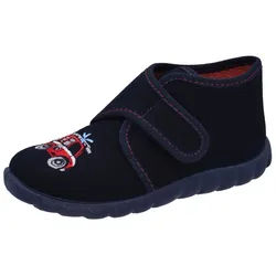 Fischer-Markenschuh Flexi Hausschuh mit Feuerwehrauto, aus Baumwollstoff mit Frotteefutter blau 24 EU