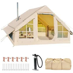 Meulbaty aufblasbares Zelt XXL Luftzelt mit 420D Oxford-Stoff (3000mm wasserdicht), Personen: 6, 6 Belüftungsfenster, Ofenanschluss, Inkl. Tragetasche beige