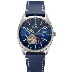 UMR Ruhla Automatikuhr Herrenuhr – Titan, Open Heart, Saphirglas, 80301, blaues Lederarmband, 42 mm - Made in Germany