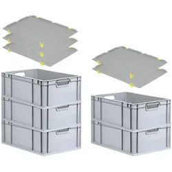 PROREGAL SparSet 5x Eurobox NextGen Grip mit Auflagedeckel & 4 gelben Verschlüssen, HxBxT 22x40x60cm, 44L, Grau, Griffe offen, Eurobehälter