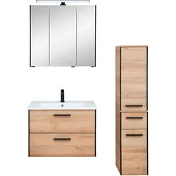 Badmöbel-Set »Quickset 395 3-teilig, Keramikwaschtisch mit LED-Spiegelschrank«, (5 St.), Midischrank, inkl. Türdämpfer, 5 Türen, 3 Schubladen, Bad-Set, braun, 97330836-0