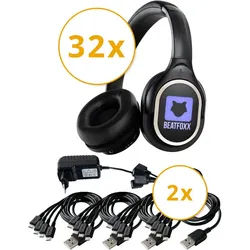 Beatfoxx SDH-340/32 USB-C Silent Disco V2 Kopfhörer Set + 2 Ladegeräte Funk-Kopfhörer (Wireless Stereo Kopfhörer für Silent Disco-Anwendungen, UHF-Technik, 3 empfangbare Kanäle) schwarz