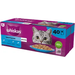WHISKAS Adult Sachets 40 x 85 g Fishy Treats - Nassfutter für ausgewachsene Katzen in Gelee (Stücke mit: Lachs, Thunfisch, Kabeljau, Weißfisch)