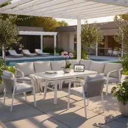 Gardenson Dining-Loungeset , Grau, Weiß , Metall, Glas , Eckteil, L-Form , eckig , rostfrei, UV-beständig , Gartenmöbel, Gartengarnituren, Gartenmöbel-Sets