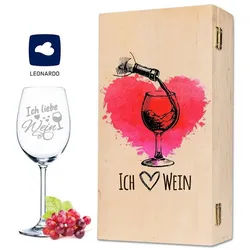 GRAVURZEILE Rotweinglas Leonardo Weinglas mit Gravur - Ich Liebe Wein - inkl. Holzkiste, Glas, graviertes Geschenk für Partner, Freunde & Familie weiß