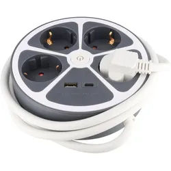 Tischsteckdose 4-fach mit USB-A und USB-C Ladeanschluss, runde Form, Kabellänge 1,4 Meter