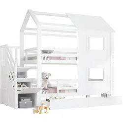 Oxeza Etagenbett 90/200 cm Weiß mit 2 Schubladen mit Rollen und Stauraumtreppe , Holz , Mode , Rechteckig , 90x200 cm , Babymöbel & Kindermöbel, Kinderzimmer & Jugendzimmer, Stockbetten