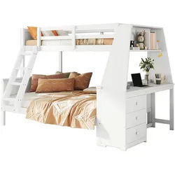 Okwish Etagenbett 90/200 cm + 140/200 cm Weiß mit Tisch und großem Stauraum , Holz , 90x200 cm , Babymöbel & Kindermöbel, Kinderzimmer & Jugendzimmer, Stockbetten