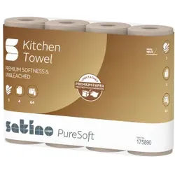 Satino PureSoft Küchenrolle, 3-lagig, saugstark, Premium Küchentücher in Recycling-Qualität aus 100% recyceltem Karton, 1 Karton = 8 Packungen à 4 Rollen à 64 Blatt