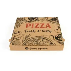 Sobsy Pizzakarton, braun, Stabile Pizzaschachtel aus Wellpappe mit farbigem Aufdruck, 1 Karton = 100 Stück, Maße (L x B x H): 32 x 32 x 4 cm