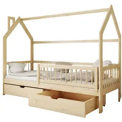 Fun Möbel Hausbett Kinderbett NIKOLE (in vier Farben, inkl. Rausfallschutz), Inkl. Rollrost und 2 Schubkästen beige