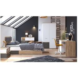 Lomadox Jugendzimmer-Set TOMAR-129, (Sparset, 5-tlg), Komplett Set mit 90cm Bett und Schreibtisch, Eiche mit weiß und grau braun|grau