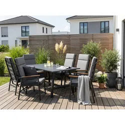 Garten-Essgruppe KONIFERA "Edessa Komfort", grau, Polyester, verstellbare Rückenlehne, Aluminium, Sitzmöbel-Sets, Tischplatte aus Alu-Lamellen,Armlehne mit Seilgeflecht&Noonwood-Latten, Topseller