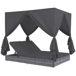 vidaXL Gartenliege NA Outdoor-Lounge-Bett mit Vorhängen Polyrattan Grau Gartenliege Sonne grau
