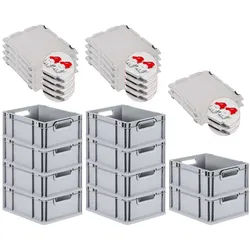 PROREGAL 10x Eurobox NextGen Grip mit Scharnierdeckel & roten Verschlüssen | HxBxT 17x30x40cm | 16 Liter | Griffe offen | Glatter Boden
