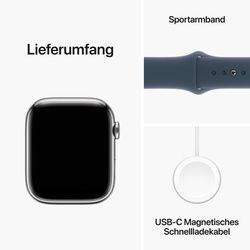 AppleWatch S9 Edelstahl Cellular 45mm Silber - Sportarmband sturmblau S/M