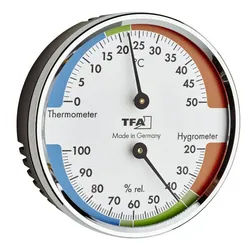 TFA Dostmann Raumthermometer Analoges Thermo-Hygrometer mit Metallring silber weiß Made in Germany