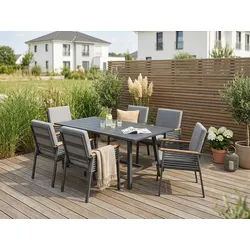 KONIFERA Garten-Essgruppe Edessa, (Set, 19-tlg., 6x Sessel, 6x Sitzauflagen, 6x Rückenauflagen,1x Tisch), Tischplatte aus Alu-Lamellen,Armlehne mit Seilgeflecht&Noonwood-Latten braun|grau