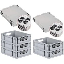 PROREGAL SparSet 5x Eurobox NextGen Color mit Auflagedeckel & Verschlüsse, HxBxT 12x30x40cm, 11L, Grau, Griffe schwarz offen, Eurobehälter