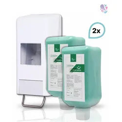 SET: Softflaschenspender 2.000 ml + 2x 2L-Vakuumflaschen Handreinigungspaste viskose, Titan Basis pH-neutral