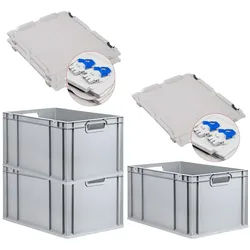 PROREGAL 3x Eurobox NextGen Grip mit Scharnierdeckel & blauen Verschlüssen | HxBxT 32x40x60cm | 65 Liter | Griffe offen | Verstärkter Boden