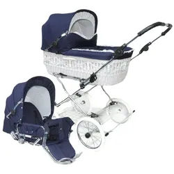 Eichhorn Kinderwagen Kombi-Kinderwagen Retro Korbkinderwagen Komplett-Set "Senator", Weide Weiß, inklusive Sportwageneinsatz (0-3 Jahre) / made in EU blau