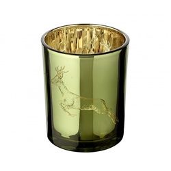 EDZARD Teelichtglas Sammy (Höhe 13 cm), grün & goldfarben, Hirsch-Motiv