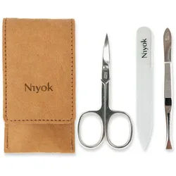 Niyok Maniküre-Etui -Set 3-teilig mit Nagelschere, Glasnagelfeile & Pinzette, nachhaltig, waschbares Etui aus Zellulosefasern, vegan, nachhaltig
