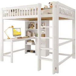 Okwish Hochbett 140/200 cm Weiß mit Schreibtisch und 3 Schubladen ohne Matratze , Holz , 140x200 cm , Babymöbel & Kindermöbel, Kinderzimmer & Jugendzimmer, Kinderbetten, Hochbetten