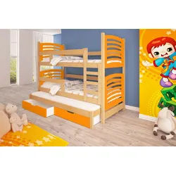 thematys Hochbett Etagenbett optional mit Ausziehbett + Inklusive Matratzen 180x80cm (MADE IN EU-Kinderbett für Jungen und Mädchen, in Weiß, Grau, Natur, Rosa, Grün oder Blau, inklusive Lattenroste - Aus Kiefernholz und MDF Platten gefertigt) mit zwei Schubladen orange