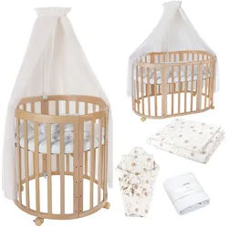 waldin Babybett Natur Oval 7in1 mit Matratze und Himmelset , Naturfarben, Champagner , Textil , Echtholz,Buche , Oval , 73x125 cm , FSC 100% , Babymöbel & Kindermöbel, Babyzimmer, Babybetten, Gitterbetten